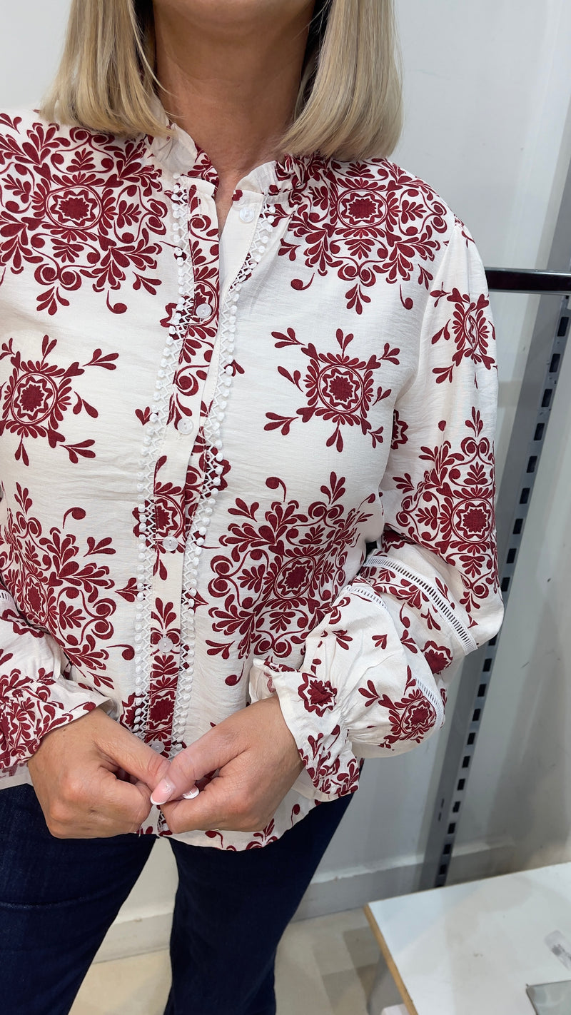 Lauren - Wine/Cream Damask Blouse