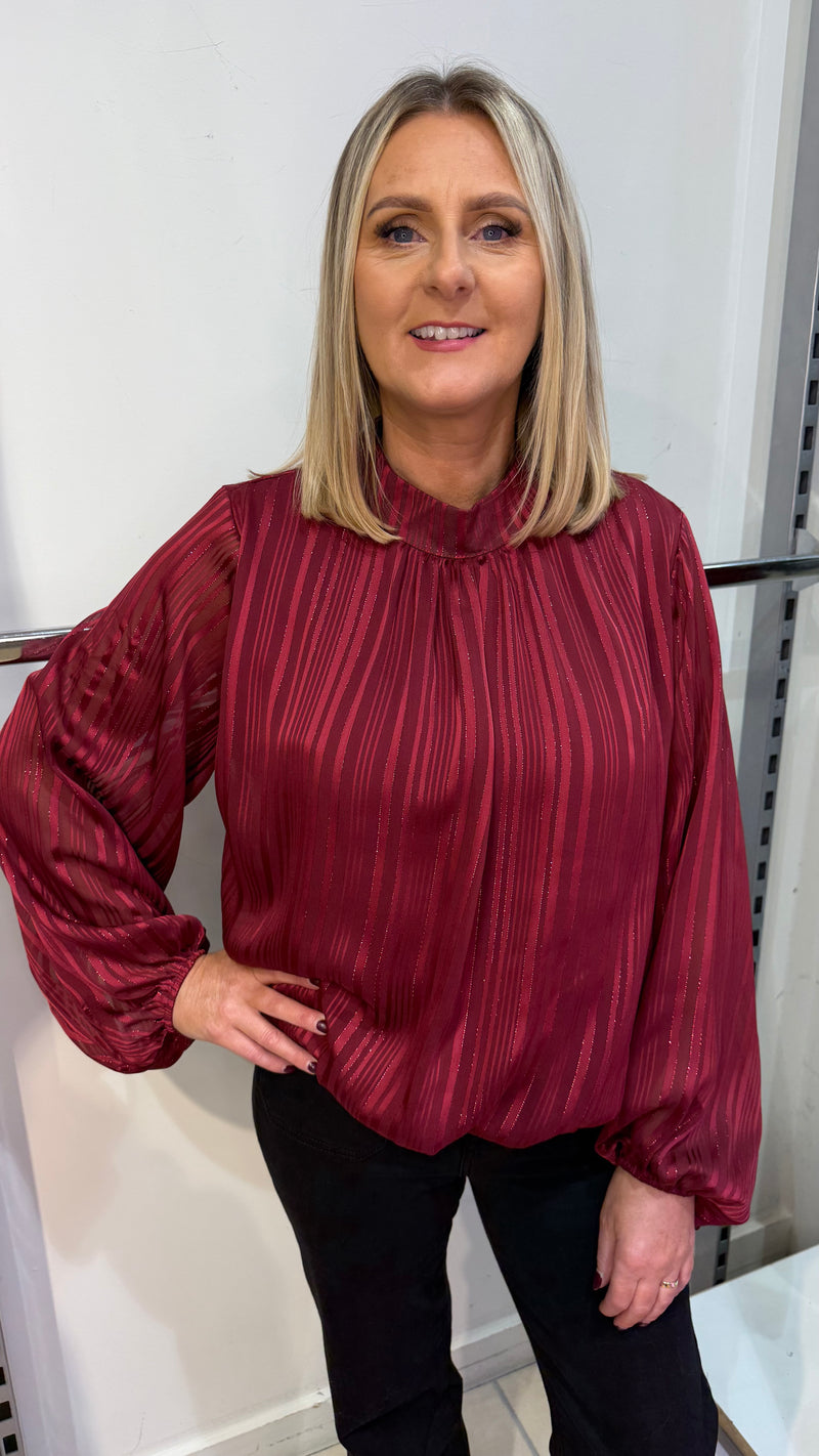 Hollie -  Wine Lurex Thread Striped High Neck Blouse