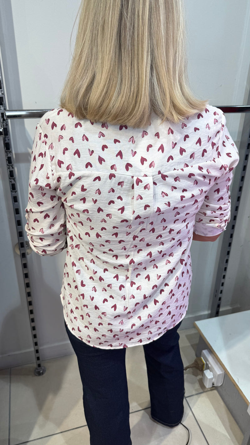 Tess - Wine /cream heart print shirt
