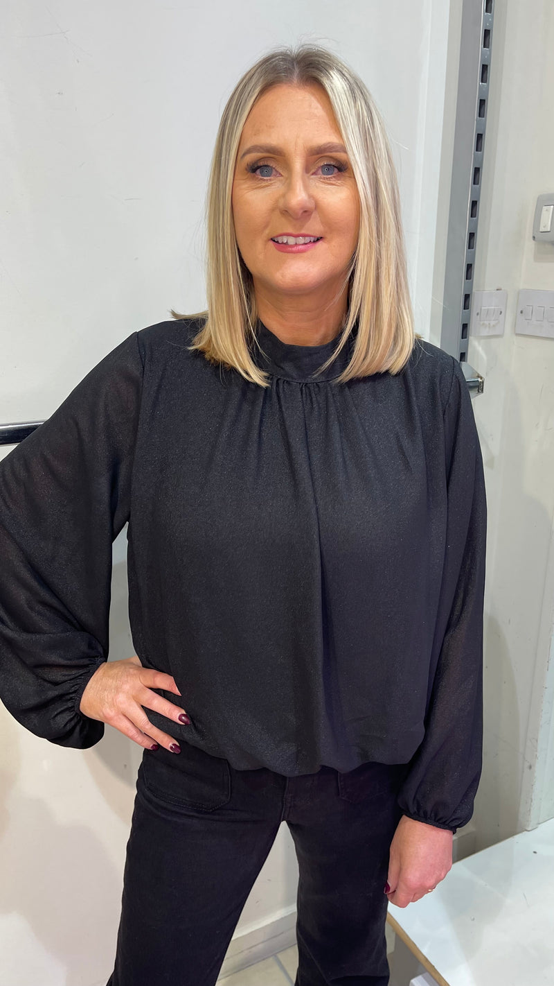 Annie - black Shimmer Effect High Neck Blouse