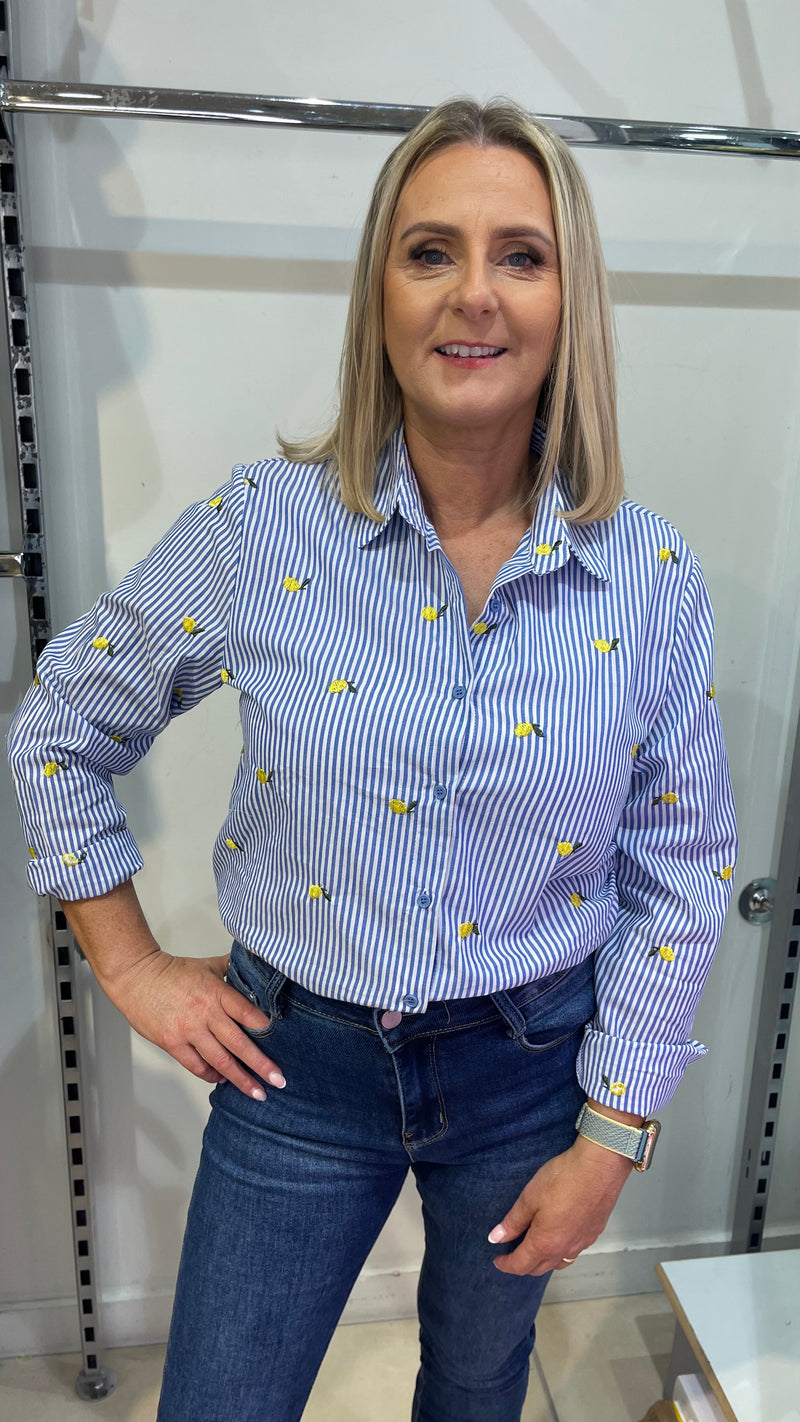Lucy - Blue Stripe Lemon Embroidery Top