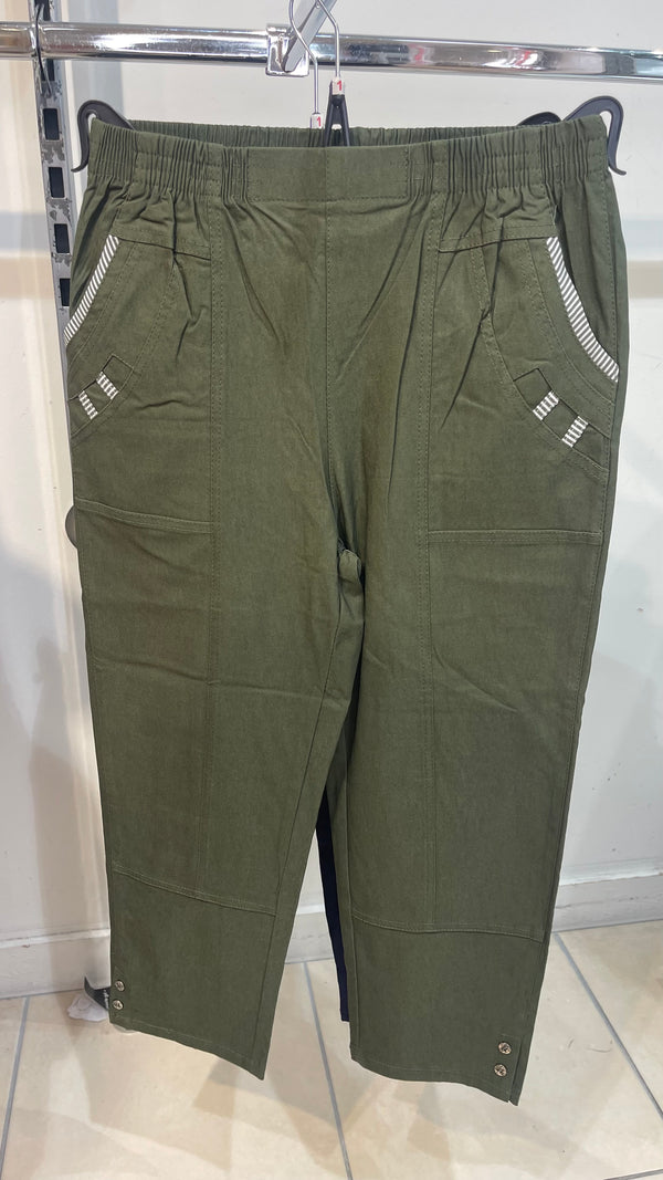 Sue - Khaki Stretch Stripe Trim 3/4 Joggers