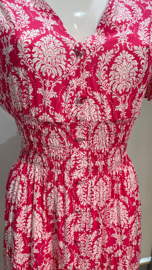 Mona - Bright Pink White print V Neck maxi Dress