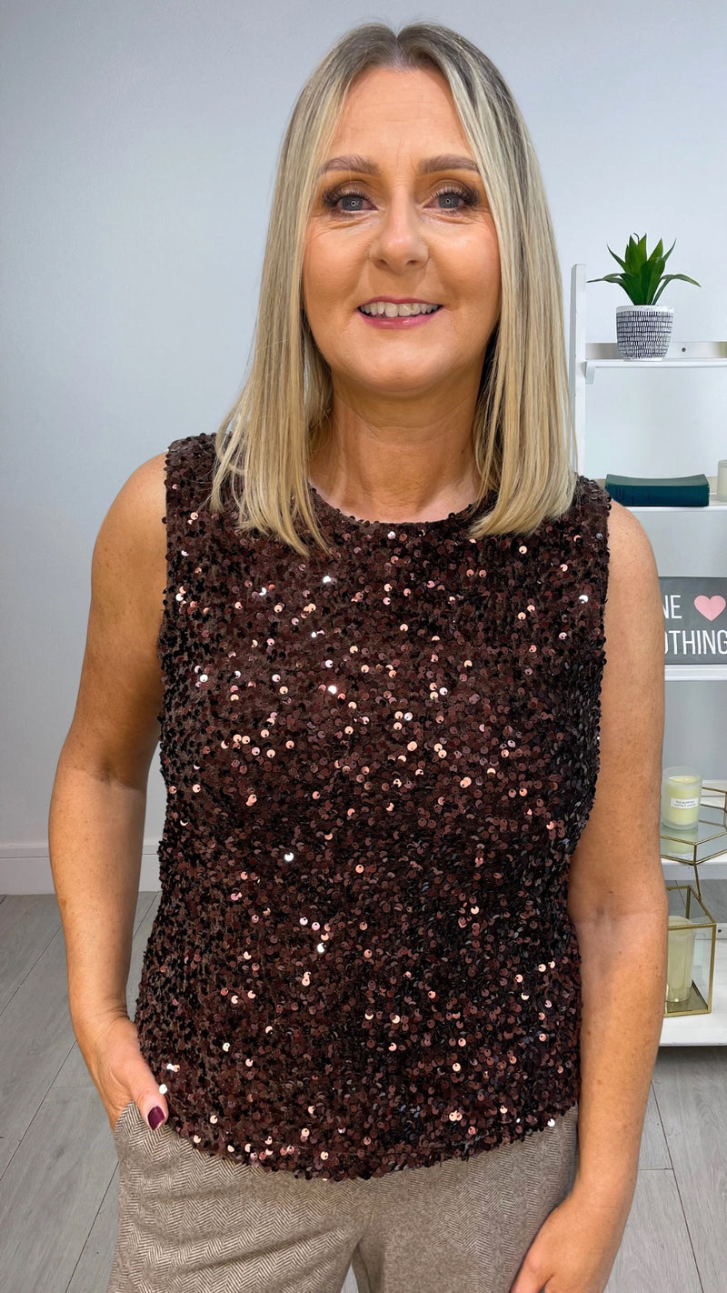 Shona - Sequin Tie Back Detail Top Brown