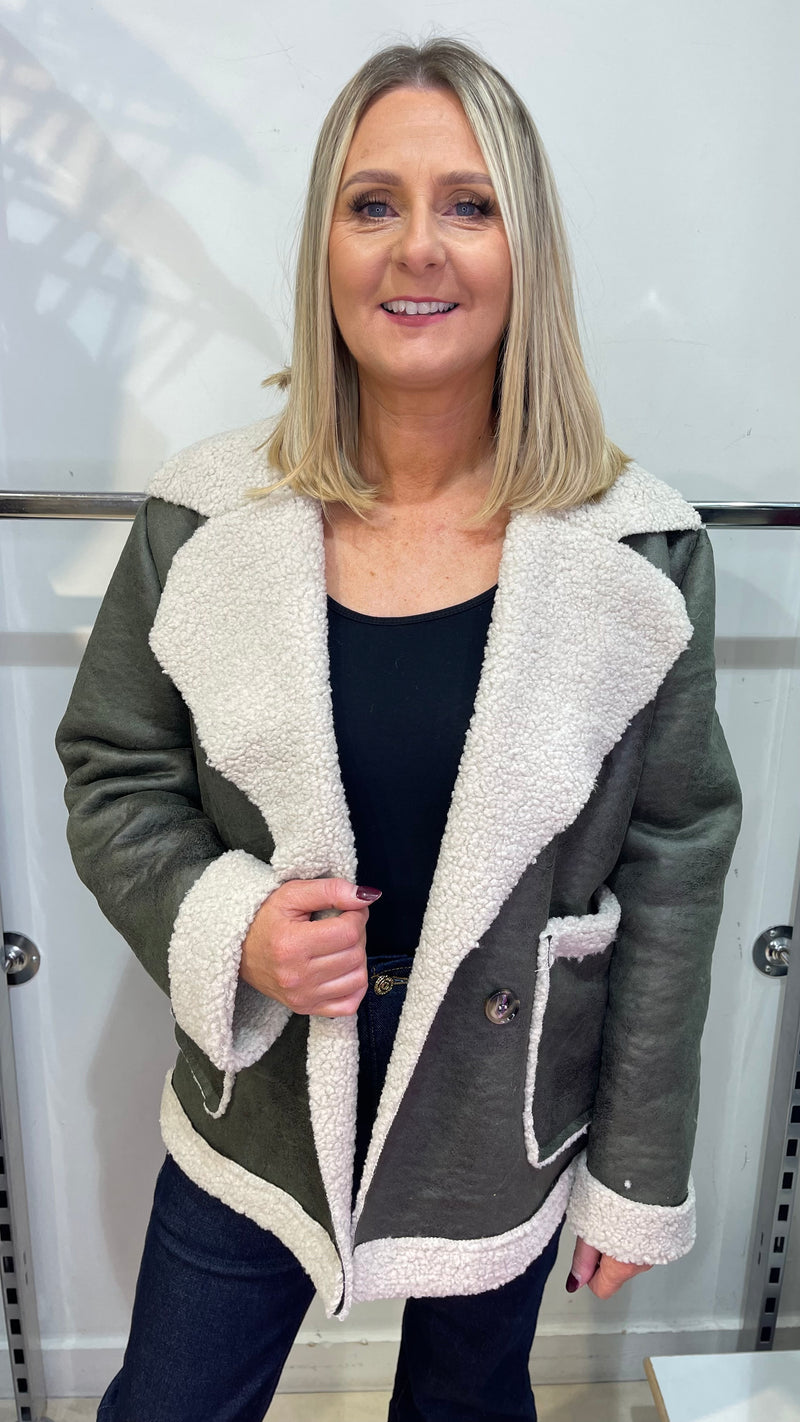 Fred - Khaki Faux Distressed Shearling Look Jacket