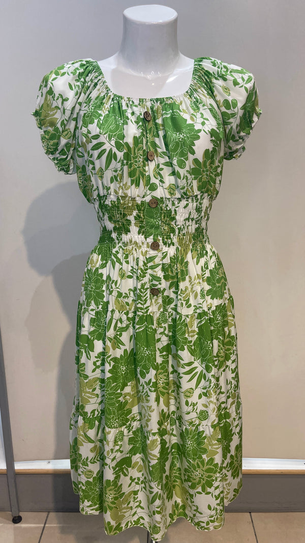 Trudie ~ Green/White Floral Print Midi Dress