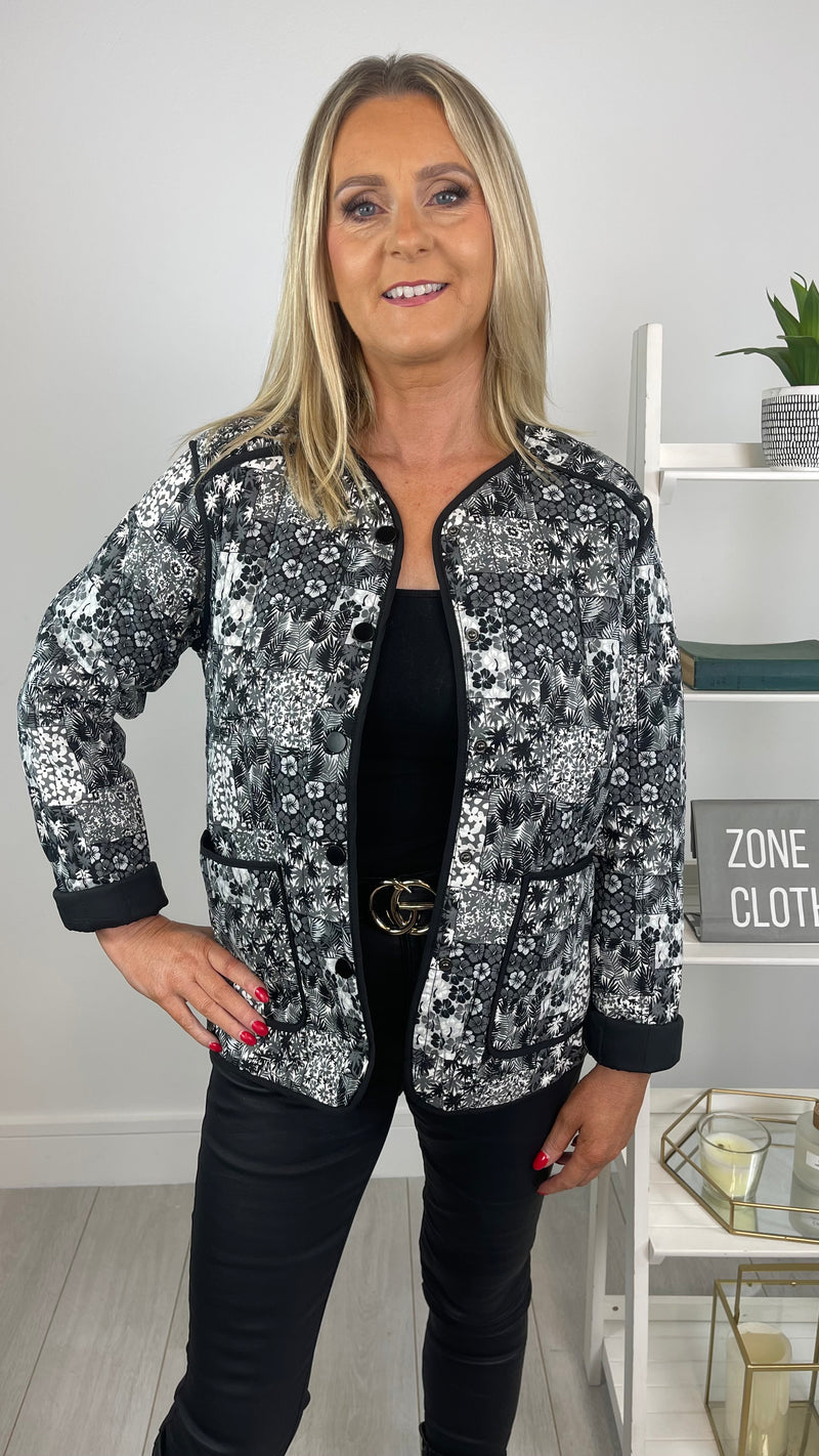 Taylor - Black Leaf Print Lightweight Quilted Jacket