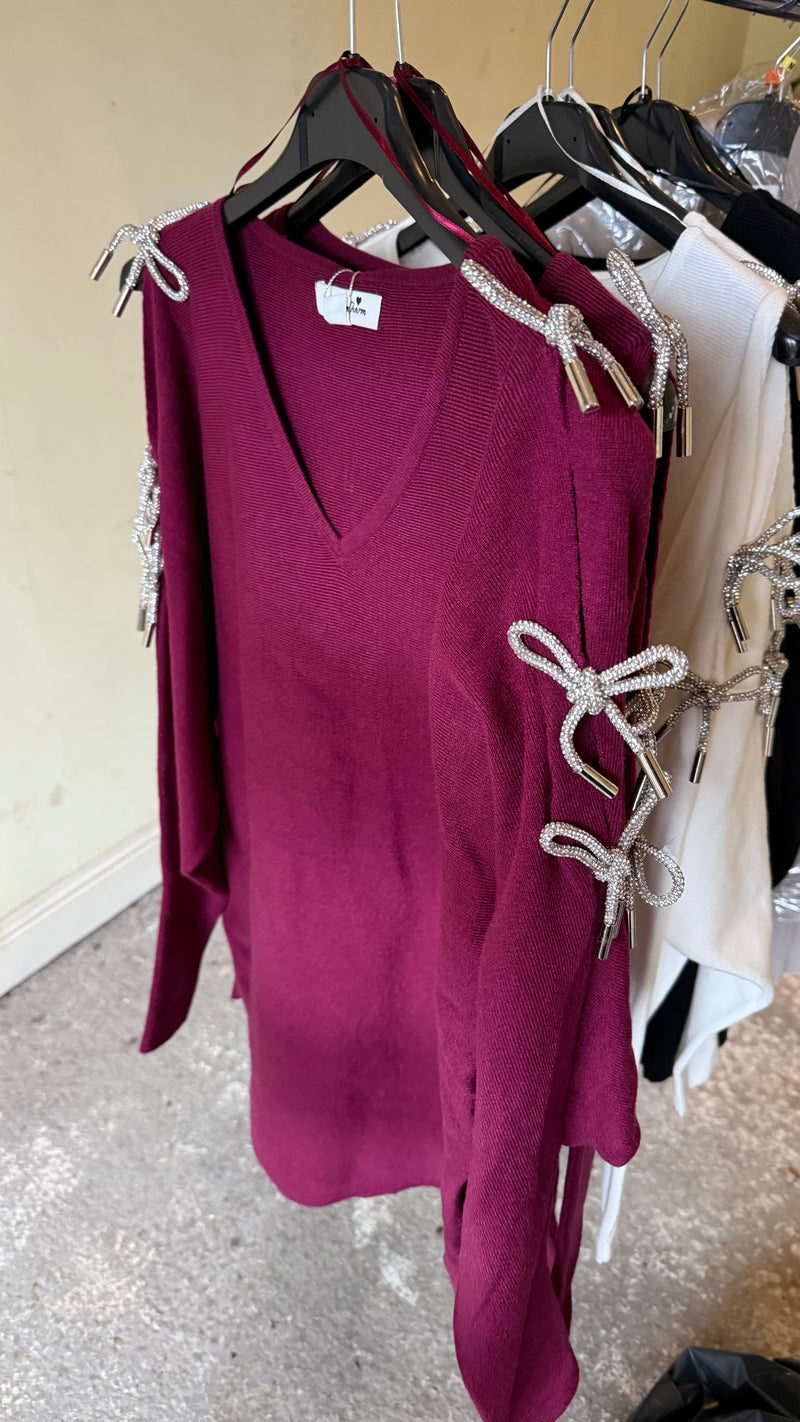 Evie - Wine Diamonte Sleeve Knit