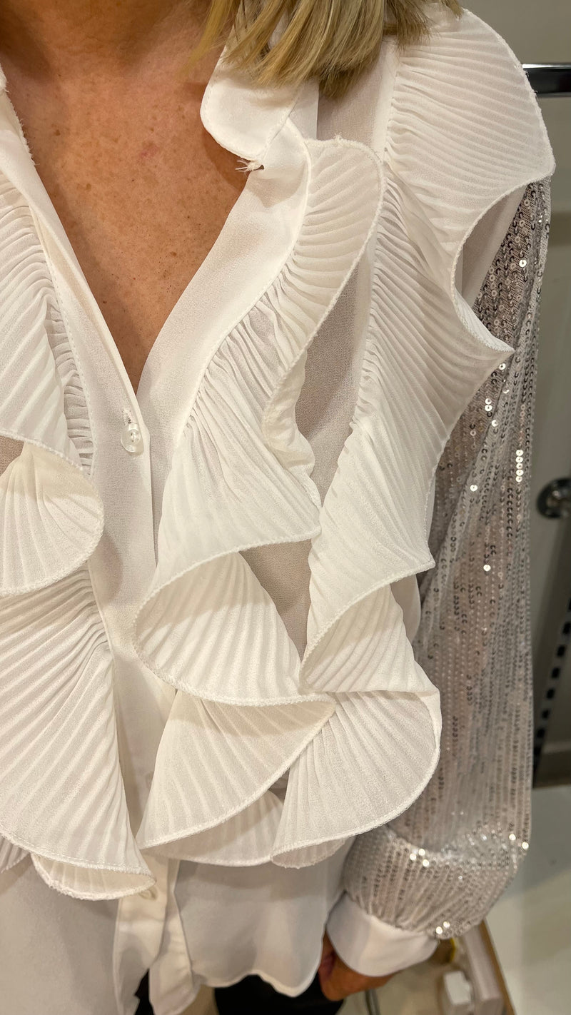 Olivia - White Ruffle Sequin Sleeve Blouse