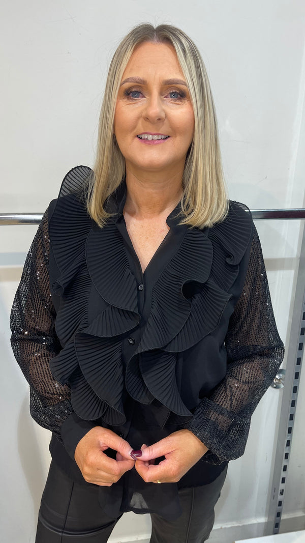 Olivia - Black Ruffle Sequin Sleeve Blouse