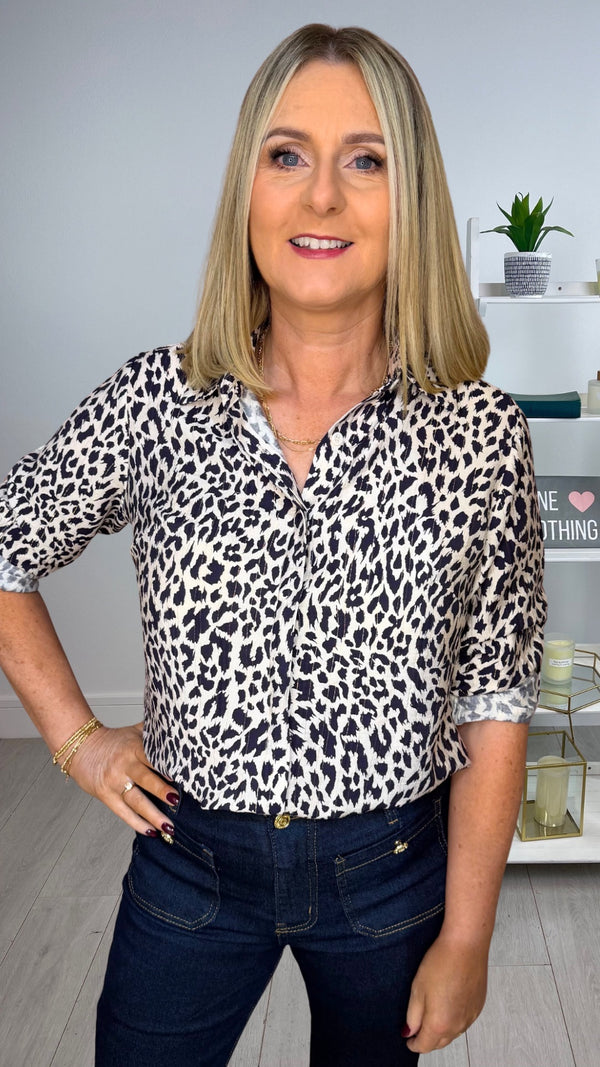 Shelly - Navy Leopard Print Lurex Shirt