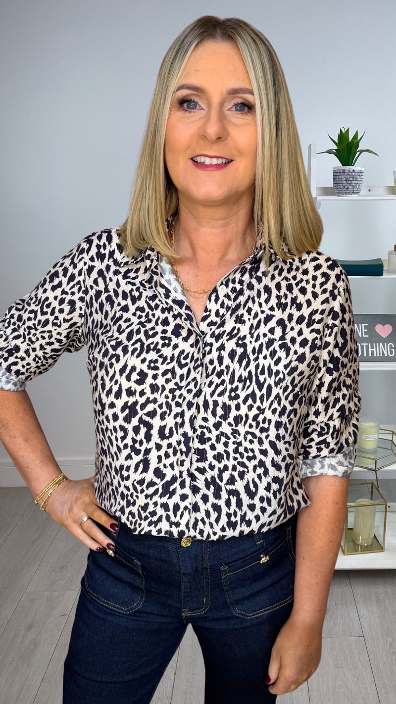 Shelly - Navy Leopard Print Lurex Shirt