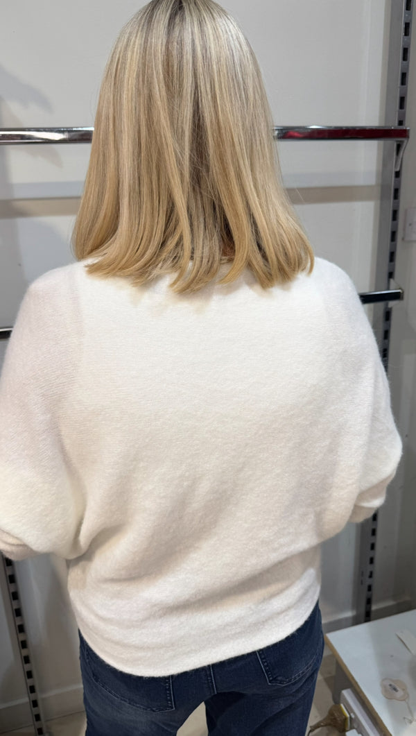 Anne - Crop Frill Sleeve Soft Stretch Jumper Cream