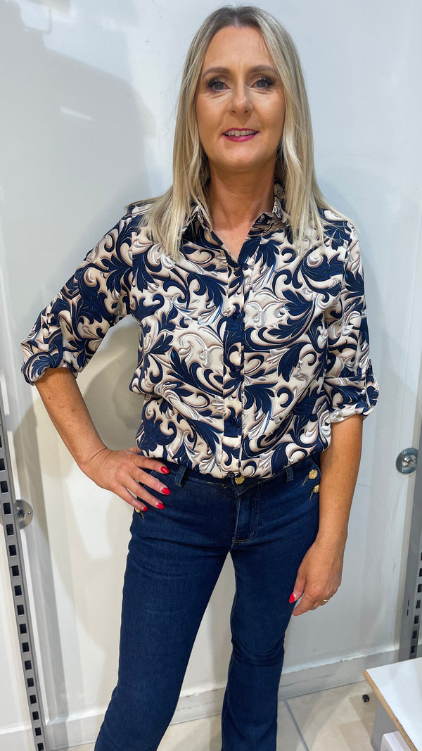 Abbie - Navy/Taupe  Floral  Print Shirt