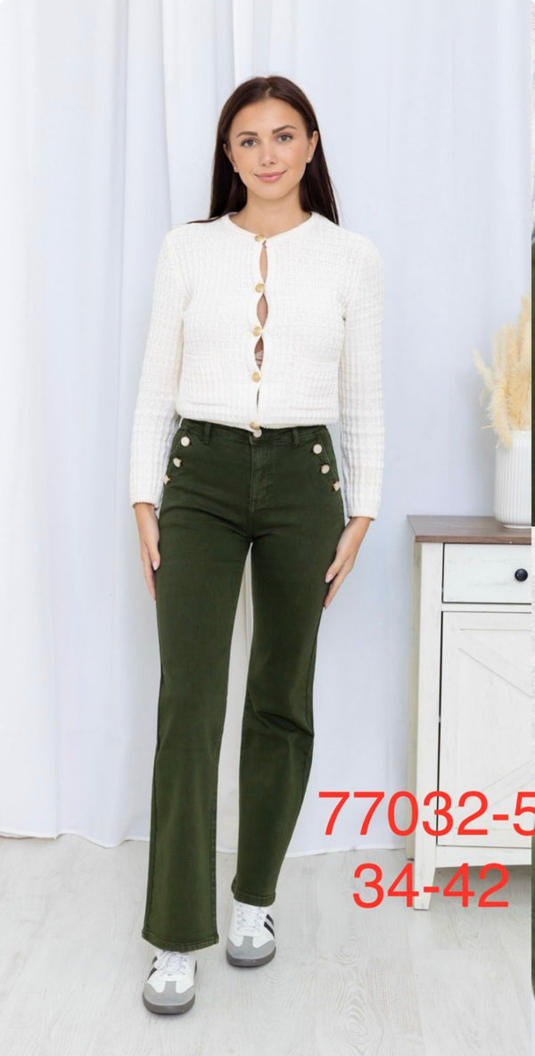 Hannah - Green Pearlised Button Stretch Jean