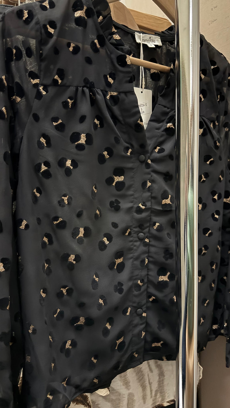 Isla - Black/Gold Flocked Ruffle Neck Top