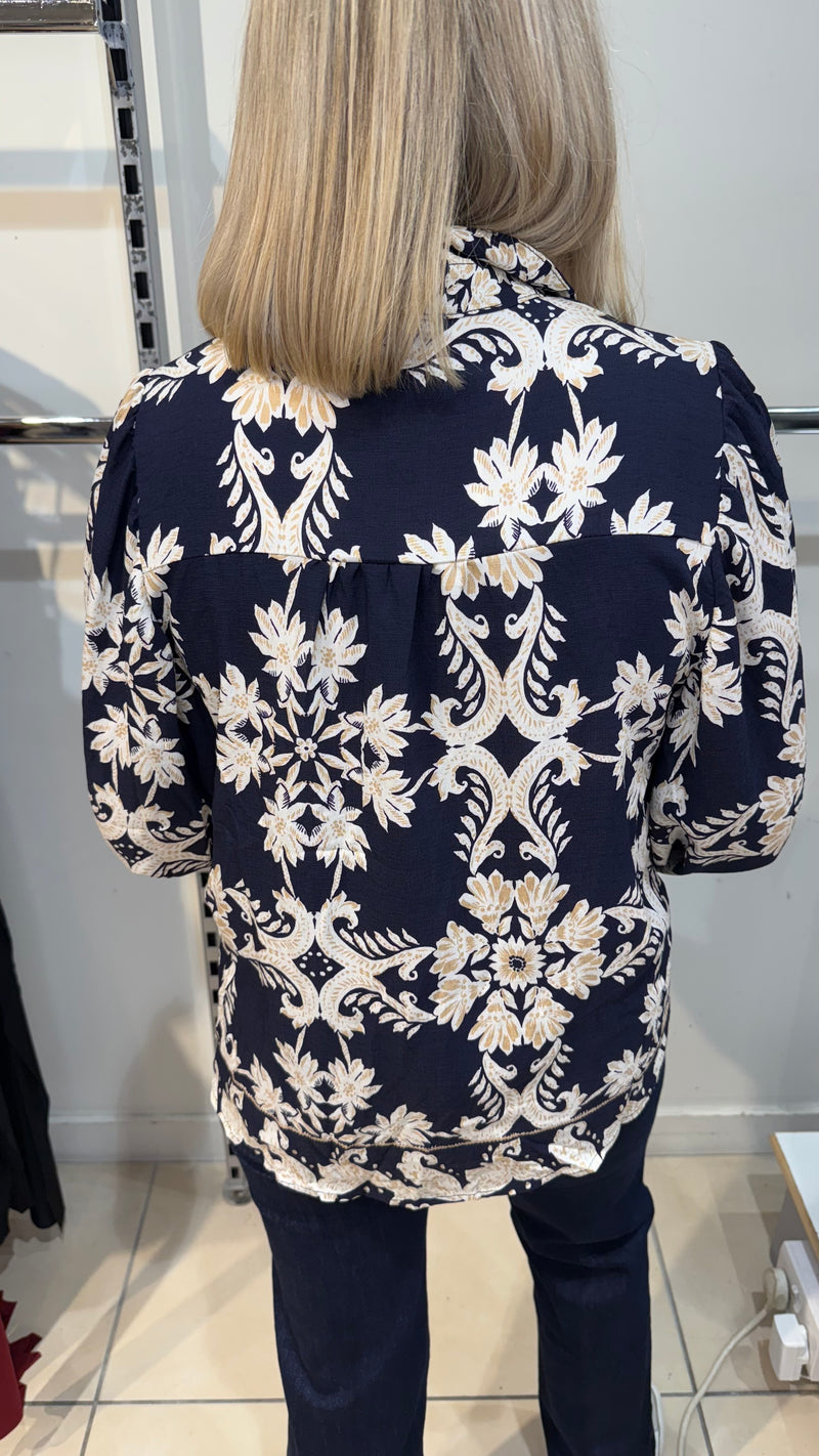 Frankie - Navy/Beige Print Balloon Sleeve Top