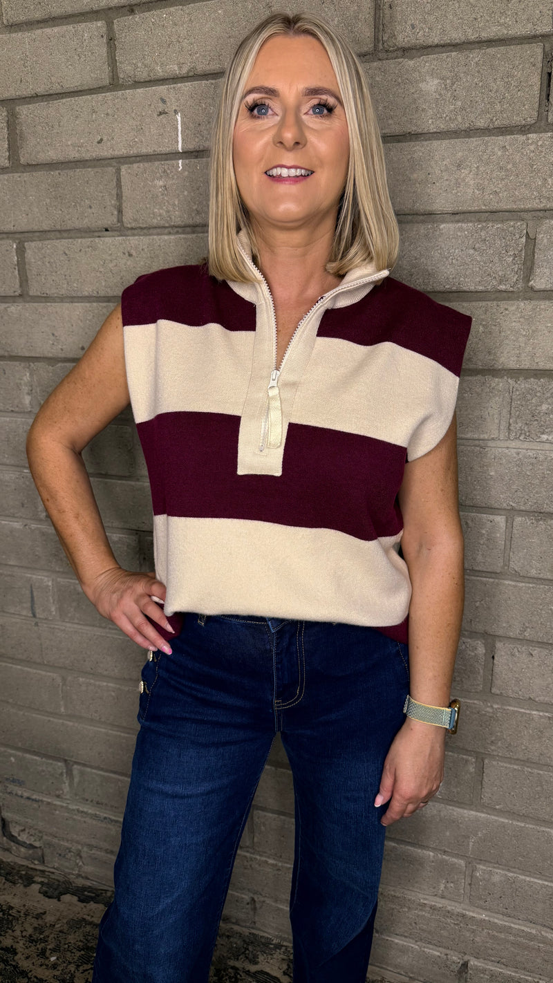 Chelsea - Wine/Beige Stripe Zip knit