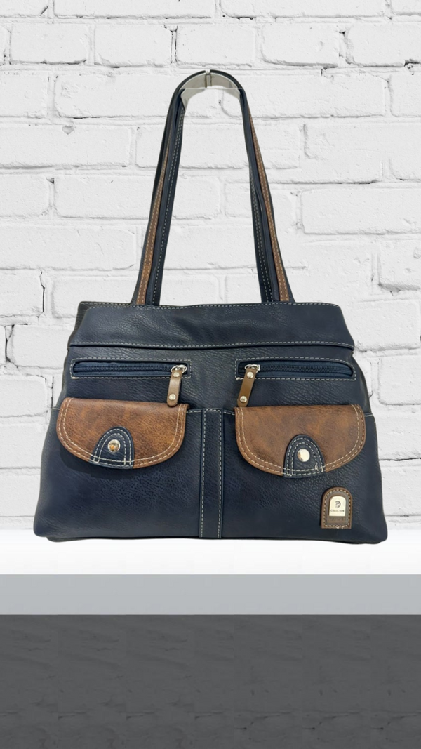 Nina - Double Zip Front Pocket Bag Navy/Brown