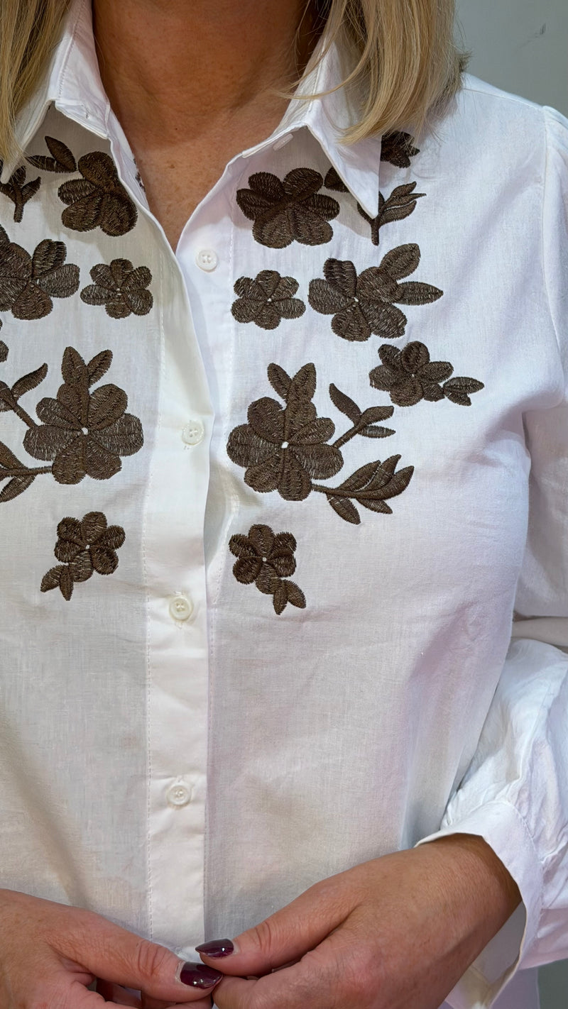 Gemma - Brown Embroidery detail Cotton  Shirt