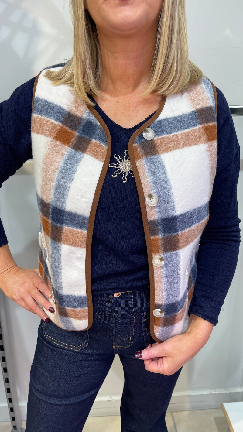 Pam - Tan/Navy Check Button Waistcoat