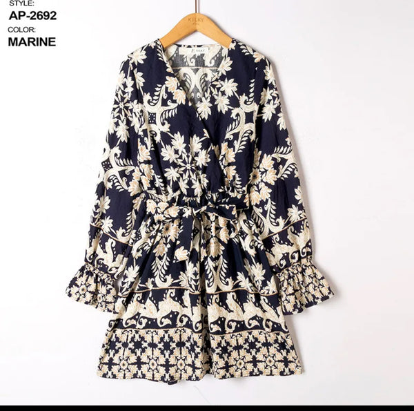Jenny - Navy/Beige Print Belted Dress