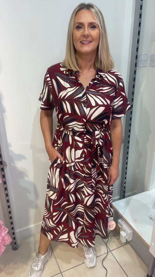 Tillie - Wine Palm Print Midi Shirt Dress