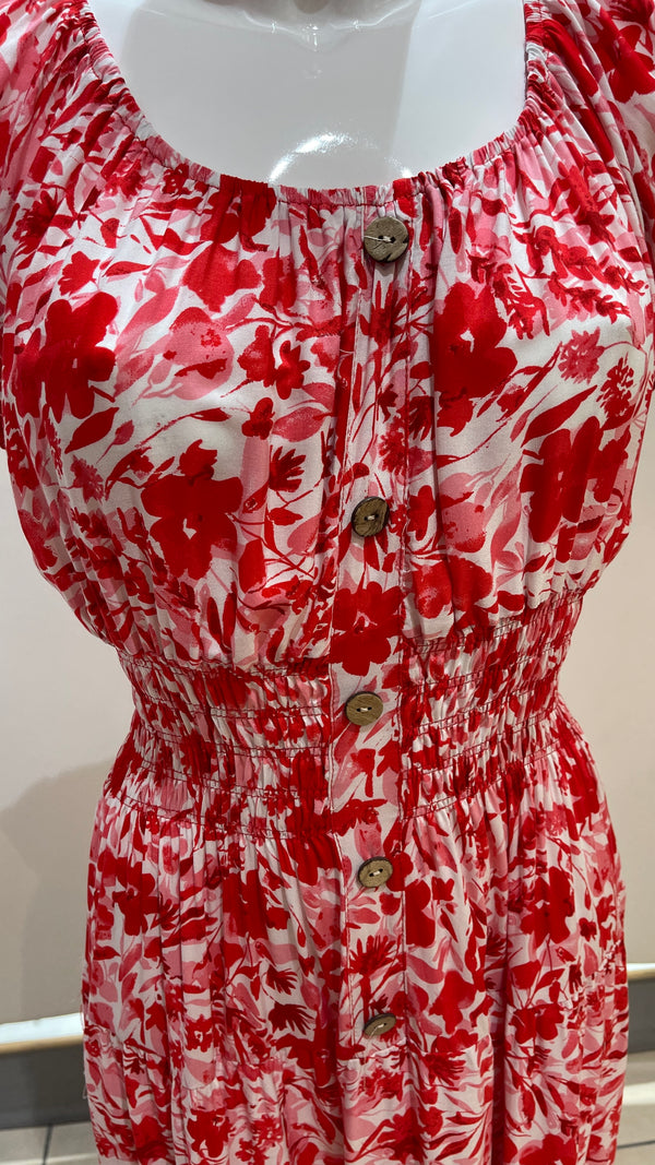 Trudie - Red/White Floral Print Button Midi Dress