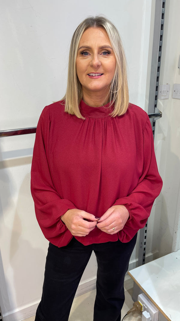 Annie - Wine Shimmer Effect High Neck Blouse