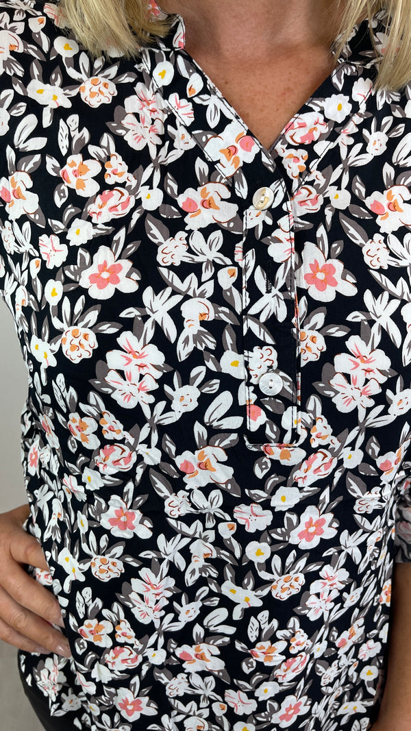 Elle- Black Floral Print Button Neck Top