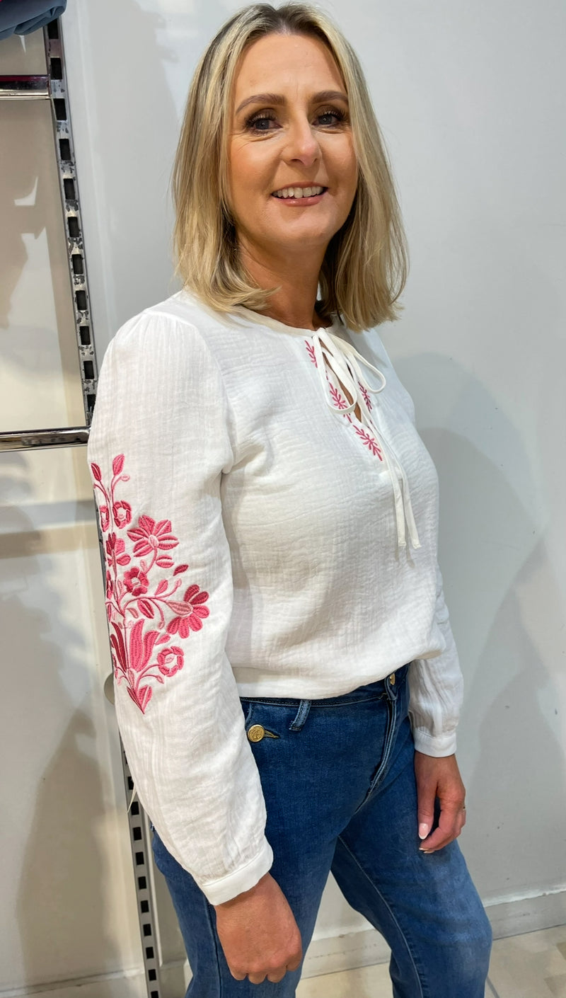 Annabelle - White/Pink Embroidered Cotton Top