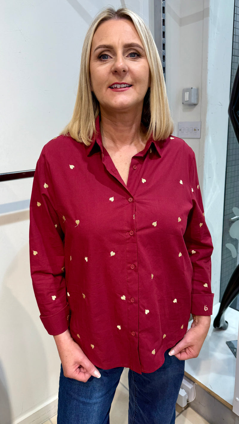 Josie - Wine Embroidery Heart Cotton Shirt