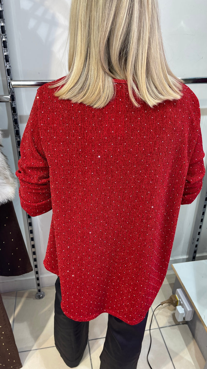 Kay - Red Shimmer Stud Diamond Zip Batwing Top