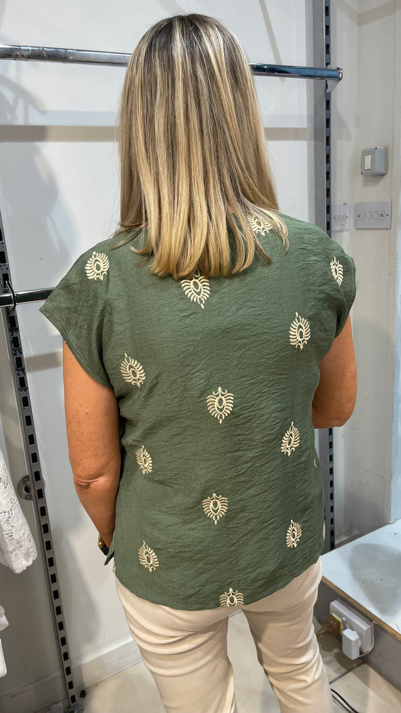 Adele - Khaki Embroidery V Neck Top