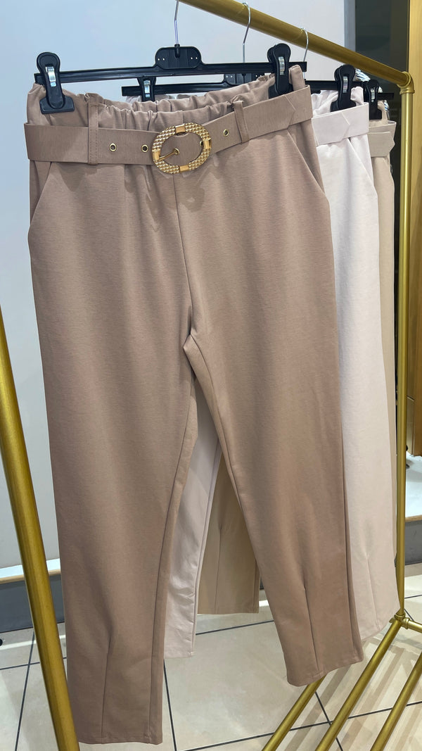 Enzo - Belted Straight Leg Trouser Taupe