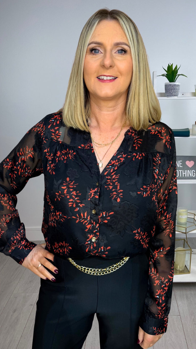 Beth - Black/Red Print Lined Front Top