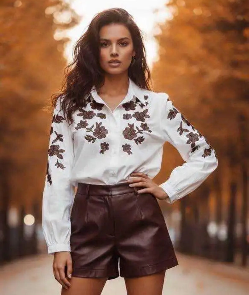 Gemma - Brown Embroidery detail Cotton  Shirt