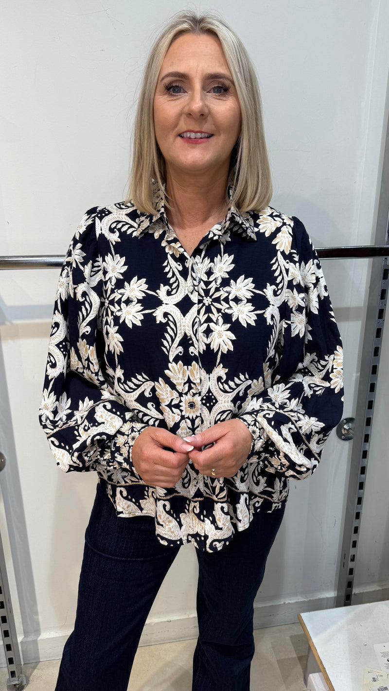 Frankie - Navy/Beige Print Balloon Sleeve Top