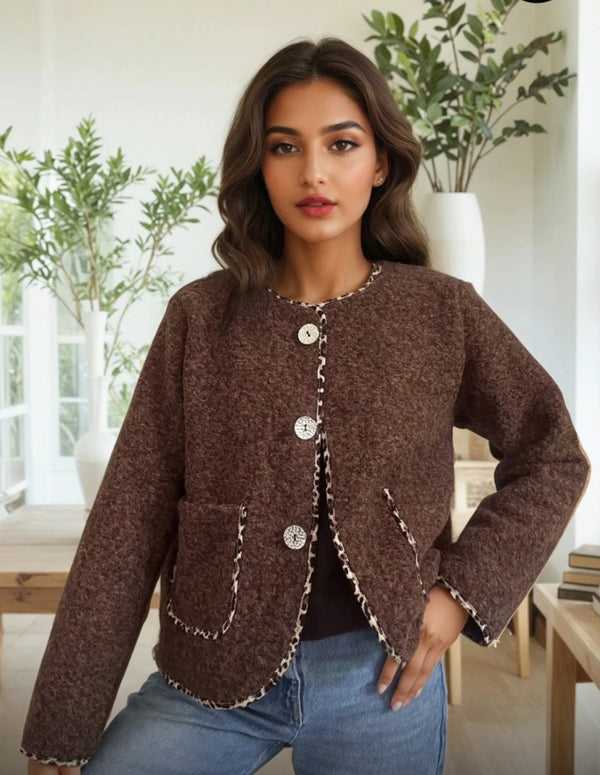 Gina - Brown  Fuzzy Leopard Trim Jacket
