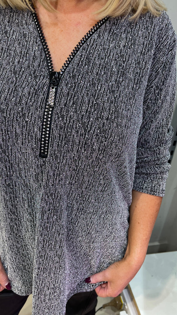 Kay - Silver/Black Shimmer Stud Diamond Zip Batwing Top