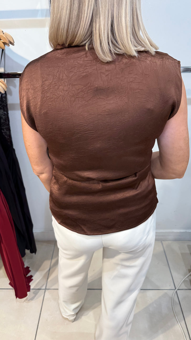 Jay - Brown Satin Crossover Blouse