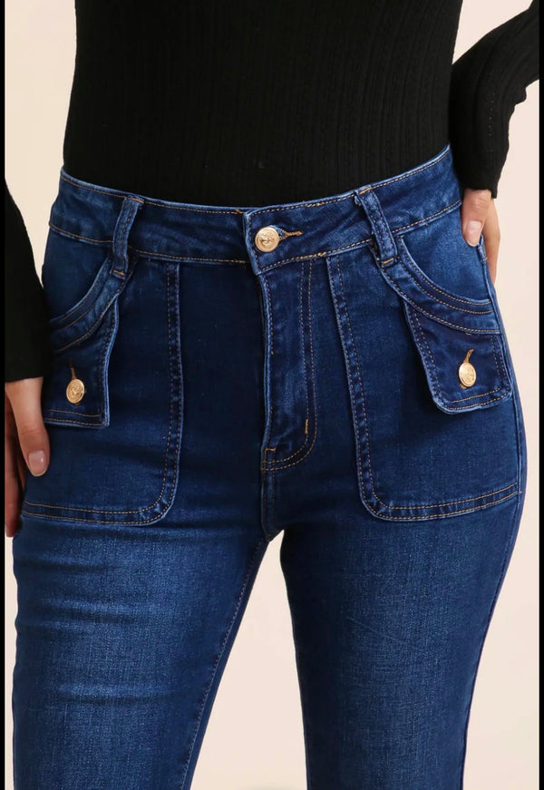 Leah - Gold Button Detail Flare Leg Dark Denim Jeans Up to Size 20