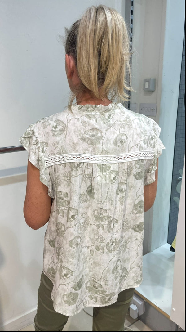 Katie - Khaki Print Crochet Trim Tie detail Top