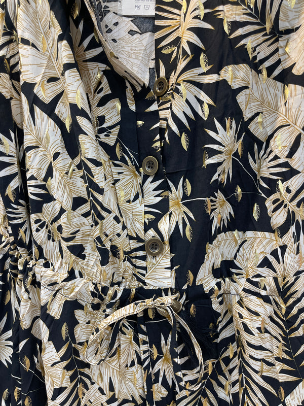 Flo - Black/ Beige Gold Leaf Tie In Waist Maxi Dress
