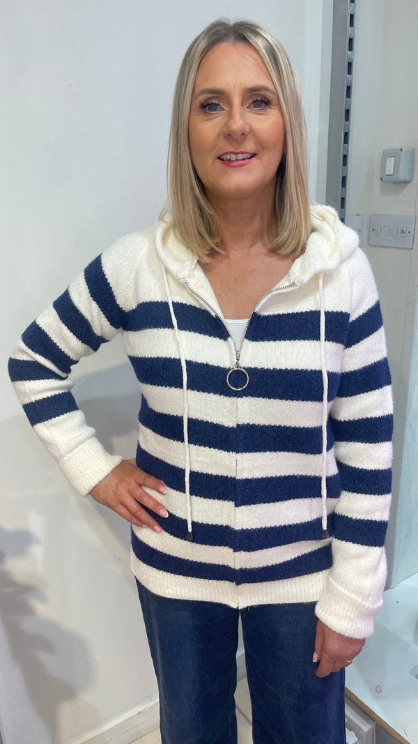 Abbie - Navy/Cream Zipped Hooded Knit