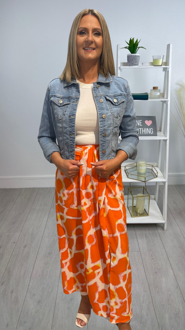 Beth - Orange Print Ruche Front Skirt