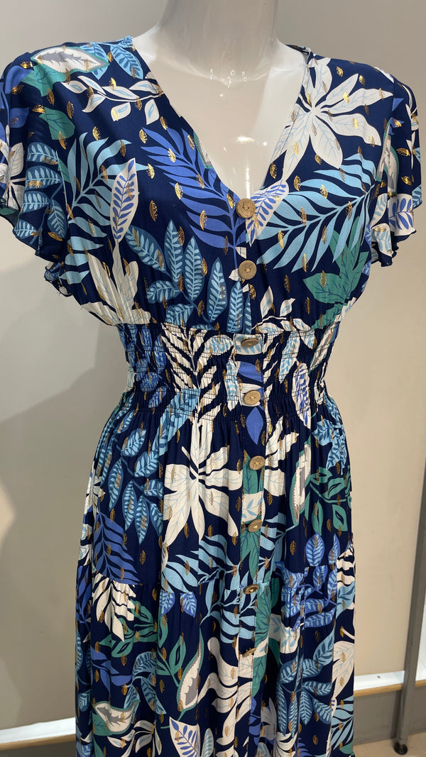 Mona - Navy Tropical print V Neck maxi Dress