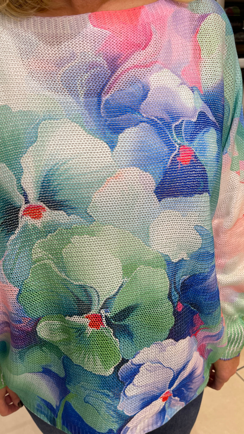 Joey -  Green/Blue Flower Print Fine Knit Top