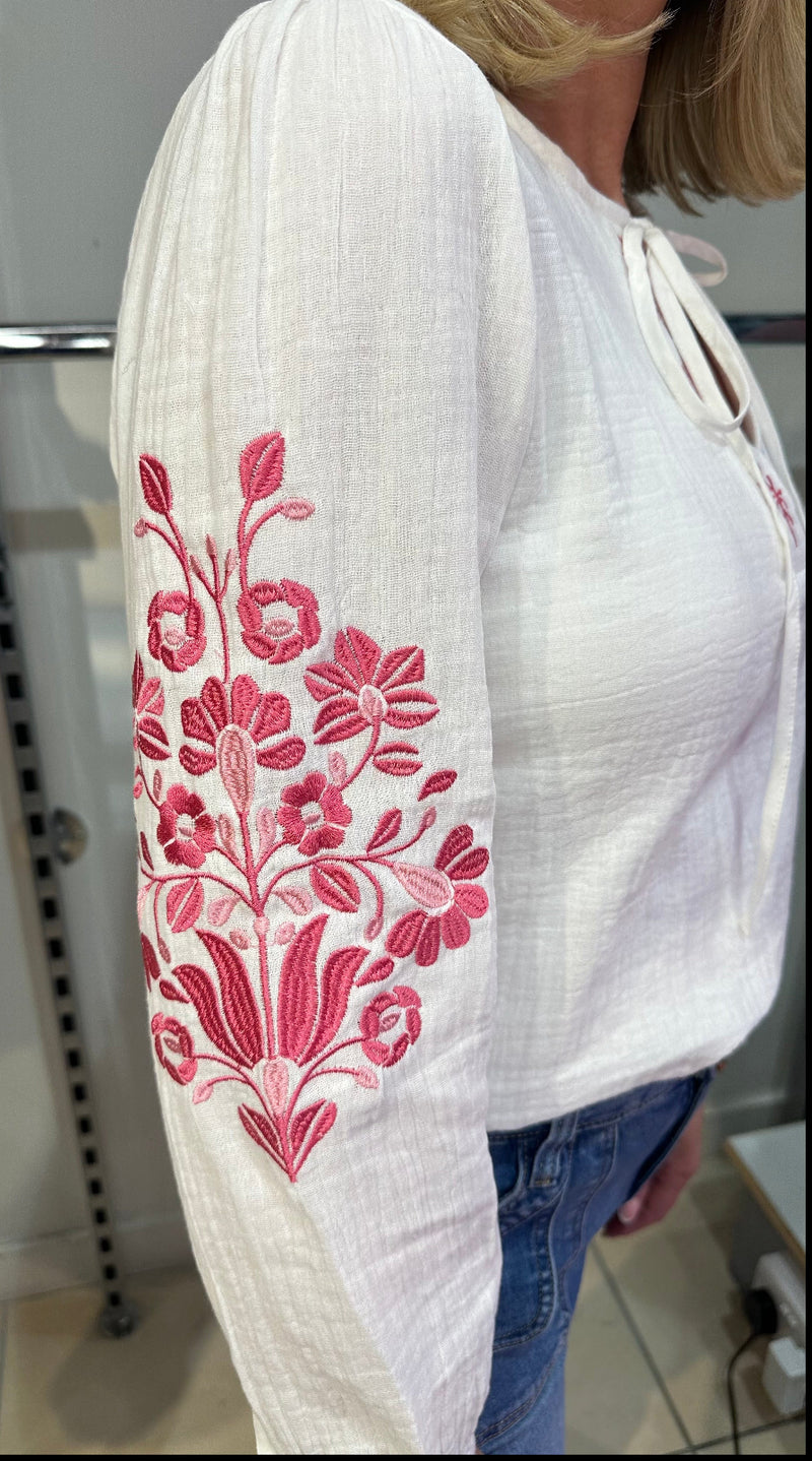 Annabelle - White/Pink Embroidered Cotton Top