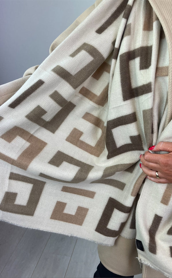 Georgia - Cream/ Taupe Print Winter Scarf